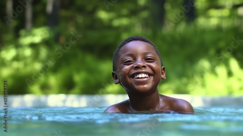 Face of a happy laughing African American boy in pool. The boy swims in the pool after going down the water slide in summer © Stavros