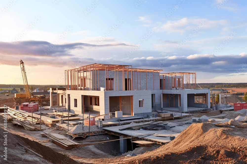 new house emerges into reality, supported by a temporary network of wooden frames and scaffolding in the construction process. new house emerges into reality, supported by a temporary network of wooden frames and scaffolding in the construction process.