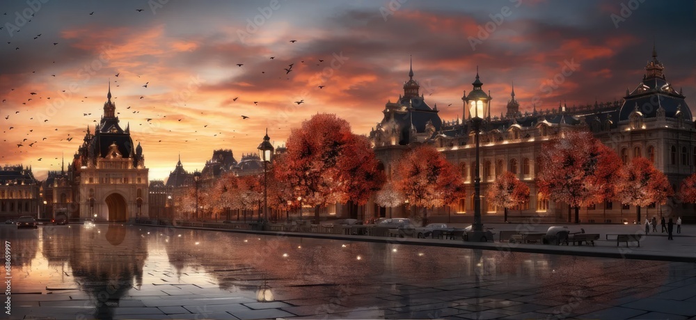 Fototapeta premium Magic Sunset: Evening City Square with Lanterns