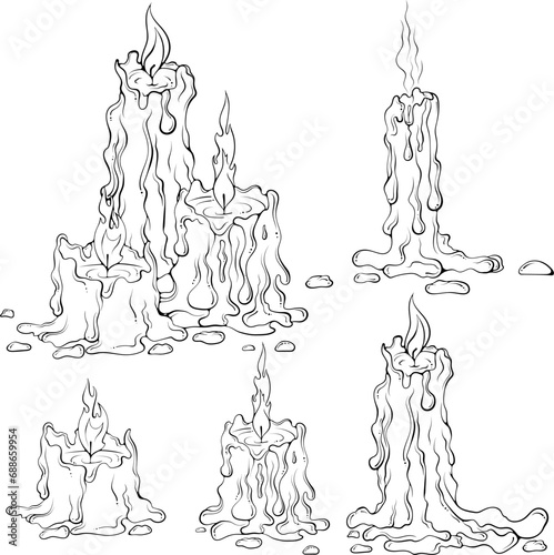 Set of burning melted candles with flowing wax. Candle stub design element. Vector illustrations in hand drawn sketch style isolated on white. Black outline graphic for print, coloring book