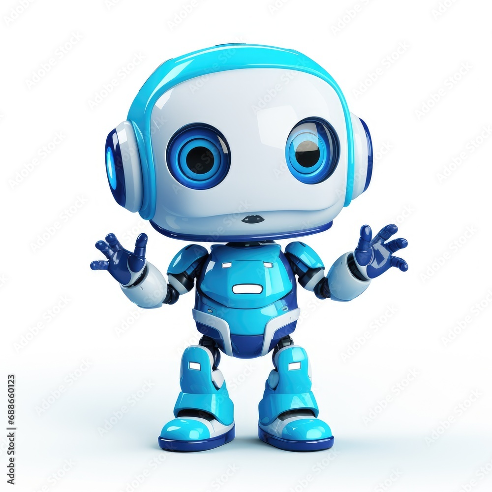 Happy and small, blue robot on white background