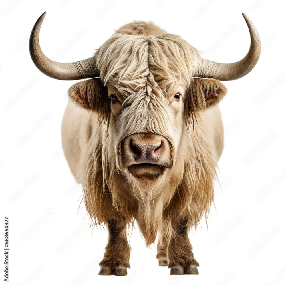 A yak with long horns, isolated on transparent or white background A yak with long horns, isolated on transparent or white background