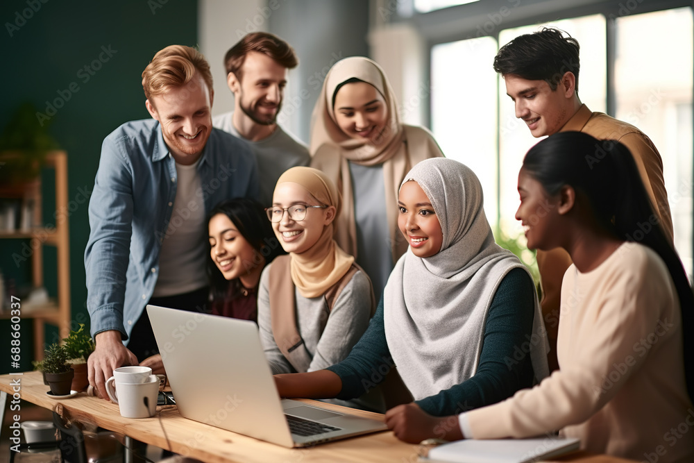 Happy group of diverse multi cultural students studying and working together during e-learning class in the classroom. Happy group of diverse multi cultural students studying and working together during e-learning class in the classroom.