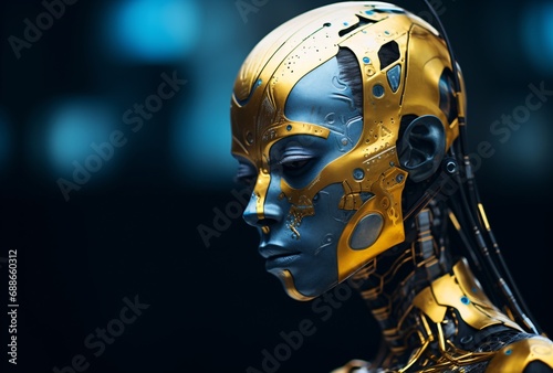 female avatar in a futuristic world, dark gold and azure