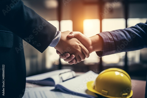 A moment of collaboration takes center stage as real estate agents and customers shake hands in a construction site office with yellow safety helmets on the desk. Generative AI.