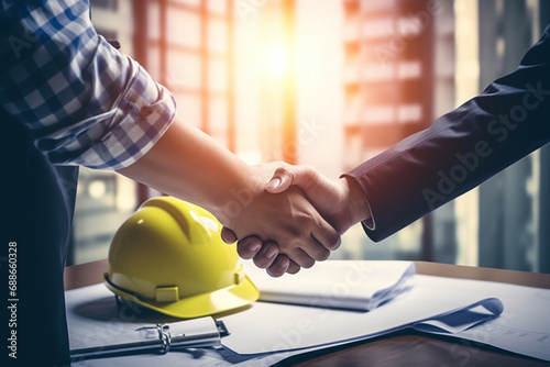 A moment of collaboration takes center stage as real estate agents and customers shake hands in a construction site office with yellow safety helmets on the desk. Generative AI. photo