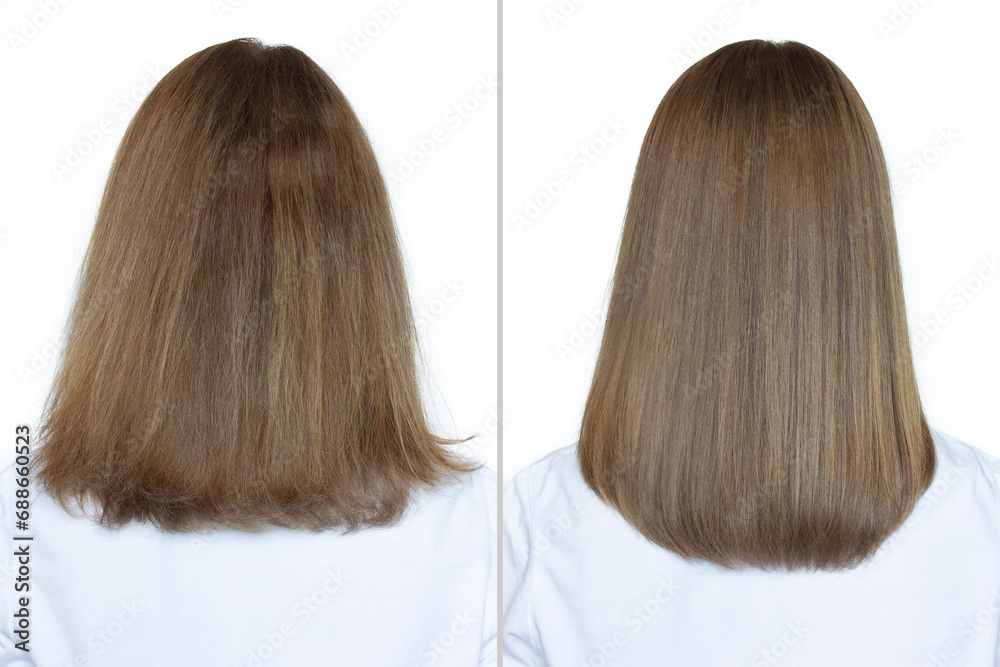 Woman before and after washing her hair with moisturizing shampoo on a white background. Flawless smooth hair after straightening with an iron. Collage, back view. Hair care and treatment concept - obrazy, fototapety, plakaty 