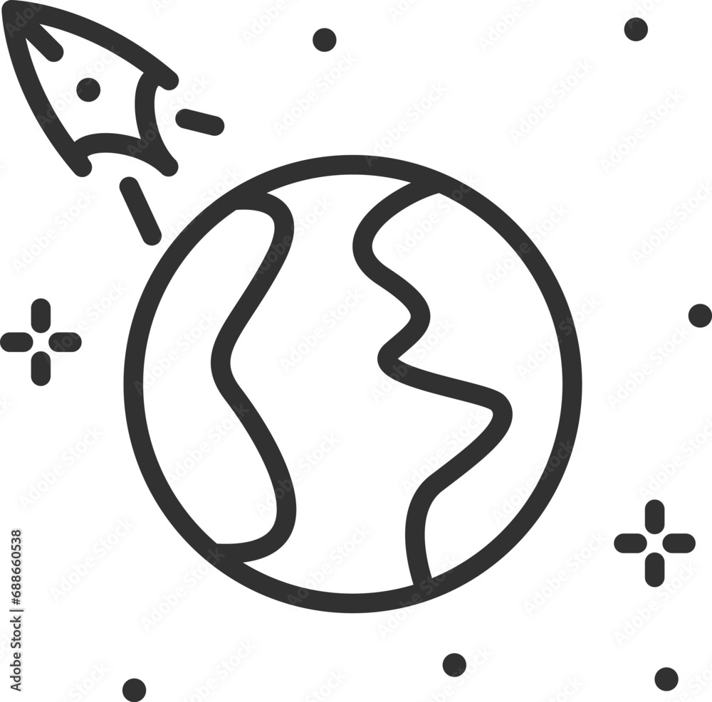 Space travel, linear icon, a spaceship flies from a planet. Line with editable stroke Space travel, linear icon, a spaceship flies from a planet. Line with editable stroke