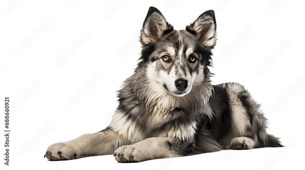A dog lying down on a black background, isolated on transparent or white background