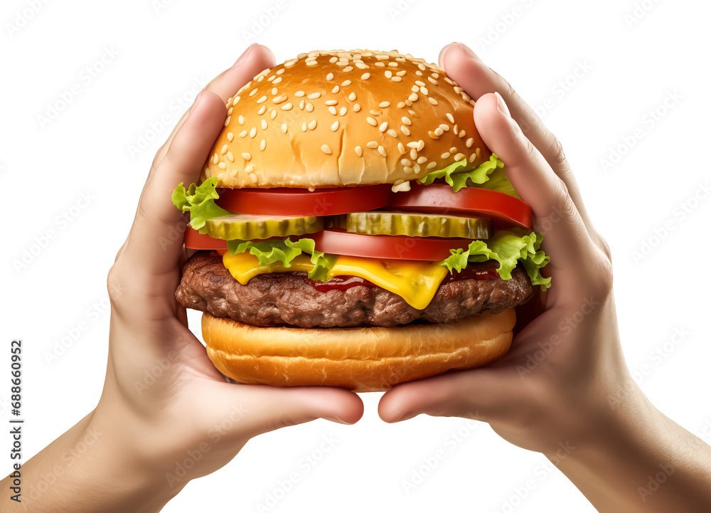 Hands with tasty fresh burger isolated on transparent background. Hands holding hamburger
Hands with tasty fresh burger isolated on transparent background. Hands holding hamburger