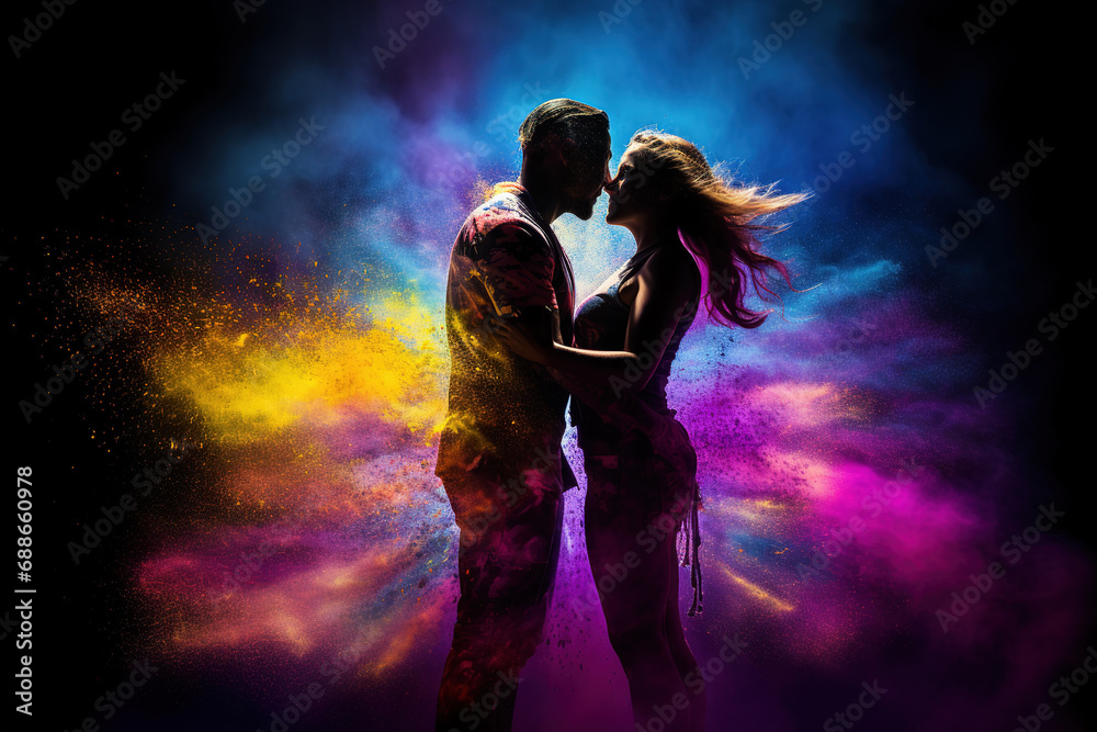 Pair of lovers dancing against colorful powder background.