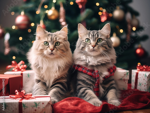 Group shot of cute Santa cats and kittens with Christmas theme sitting underneath the Christmas tree decorated with Christmas presents, beautiful and natural lights, bokeh, generative AI.