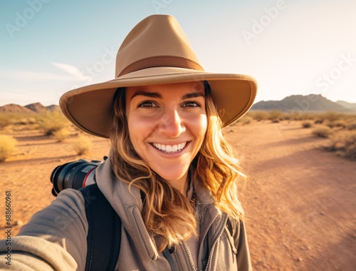 happy woman wearing hat taking selfie in desert in arizona, white and amber