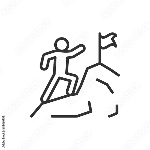 Person reaching for the flag at the top of the mountain, linear icon, aiming for the goal. Line with editable stroke