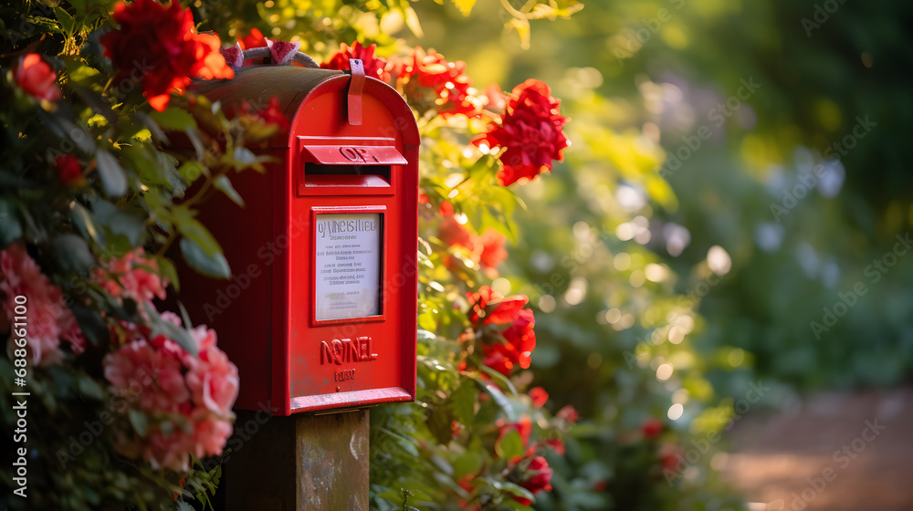 Red colored traditional post box among flowers Red colored traditional post box among flowers
