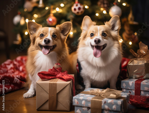 Group shot of cute and happy corgis puppies with Christmas theme sitting underneath the Christmas tree decorated with Christmas presents  beautiful and natural lights  bokeh  generative AI.