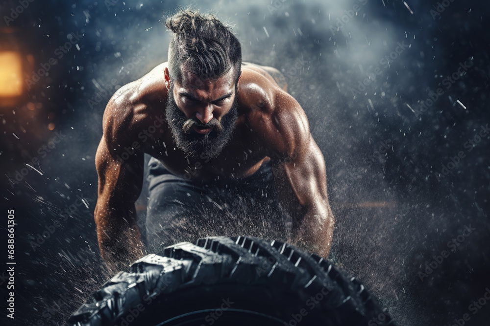 Strong Muscular Shirtless Middle Aged Man Flipping A Big Heavy Tire