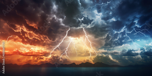 Rainy clouds with lightnings over beautiful landsca[e before storm. Weather forecast concept. photo