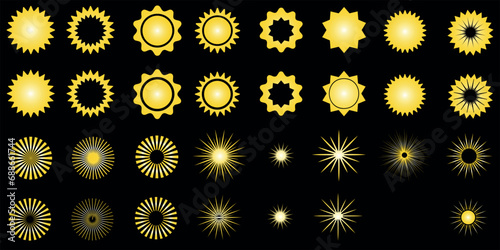 Sunburst vector illustration set, vibrant yellow, gold colors. Modern, abstract, retro, vintage styles for backgrounds, logos, designs. Symmetrical, circular patterns radiating light, brightness photo