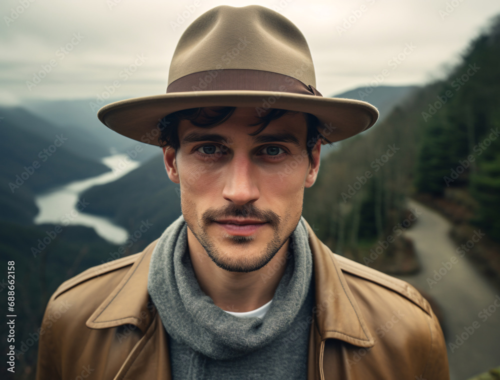man portrait with hat on mountain, detailed facial features