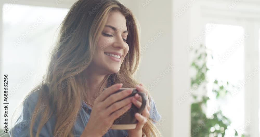 Happy, coffee break and woman in morning, thinking or drink espresso in Mexico living room with sunshine. Lady, relax and enjoy tea, latte or cappuccino in kitchen with peace or a smile in summer Happy, coffee break and woman in morning, thinking or drink espresso in Mexico living room with sunshine. Lady, relax and enjoy tea, latte or cappuccino in kitchen with peace or a smile in summer