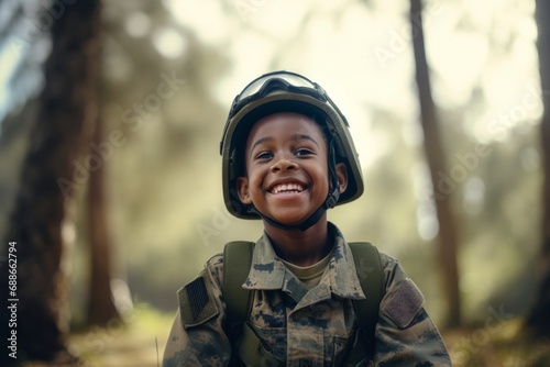A child boy wearing a military uniform.   photo