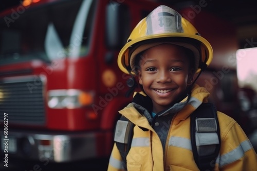 A little boy wearing a firefighter suti with helmet standing in front of fire truck. 
