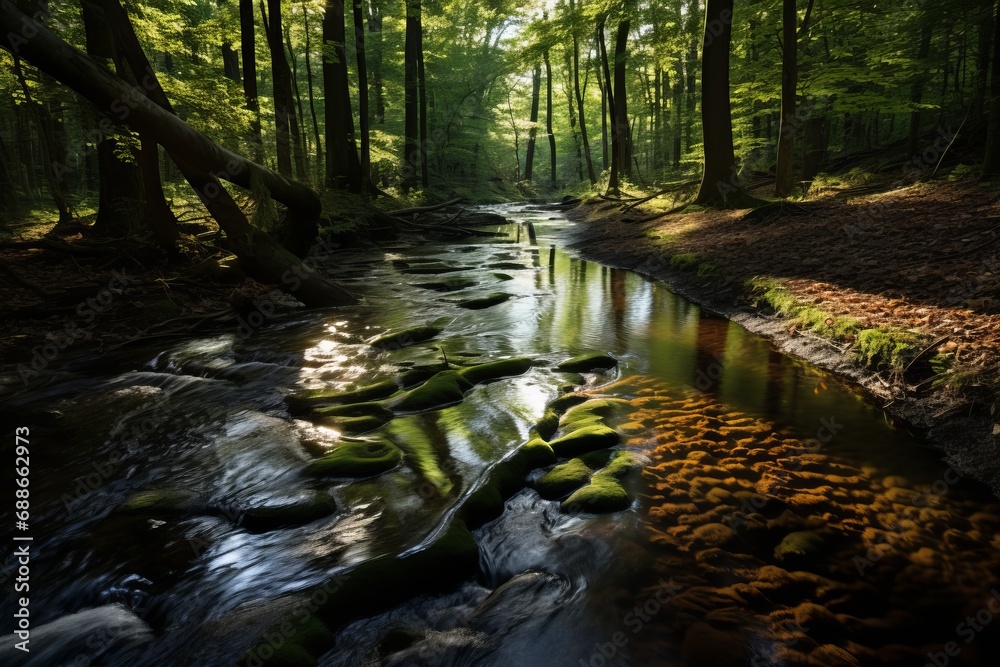 Obraz premium Background wallpaper featuring a sunlit forest stream