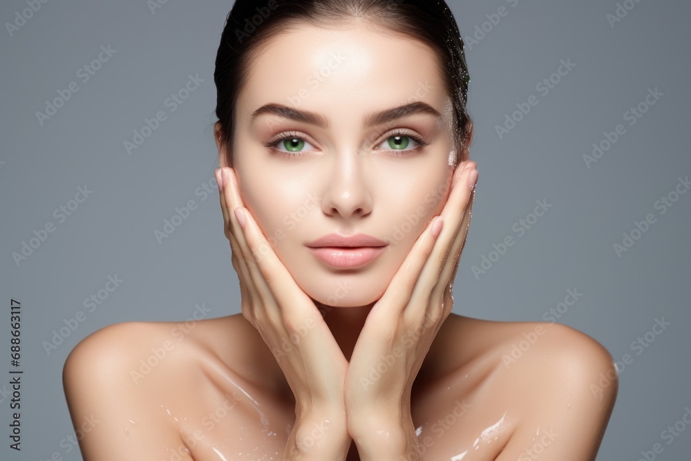 Skincare routine concept. Stunning young brunette with impeccable skin, cleansing her face with grace and maintaining eye contact, set against an elegant grey background. Generated AI