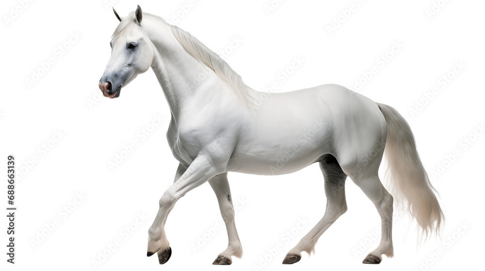 A white horse with a black background, isolated on transparent or white background