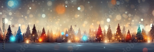 Christmas background with Christmas trees and bokeh light, banner