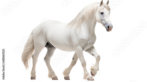 A white horse with long mane, isolated on transparent or white background