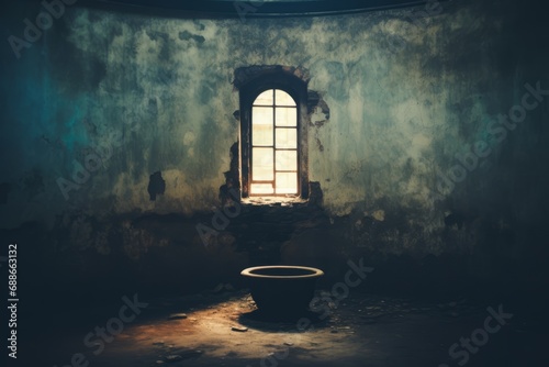 A haunting yet serene scene unfolds in this image, featuring the interior of an abandoned room with peeling walls and a solitary window. The soft glow of light streaming through the window pane casts