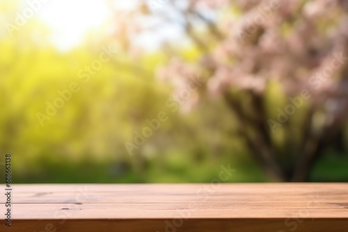 Elevate your spring promotions with our product showcased on a charming wooden table, surrounded by the beauty of nature. Let the sunny vibes complement your offerings. Generated AI
