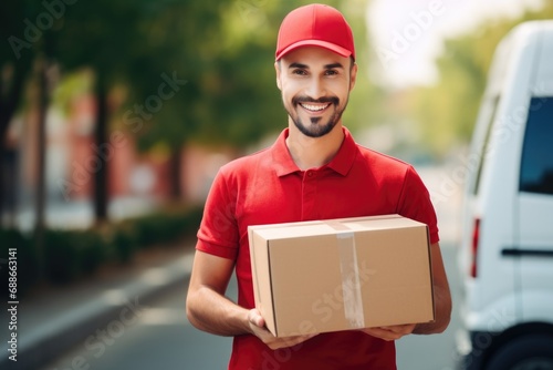 Professional moving service captured in a snapshot. A smiling delivery expert in uniform, holding a cardboard box against the backdrop of a vehicle, embodying efficiency and reliability. Generated AI