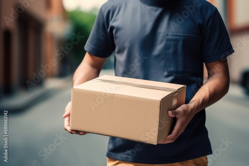 A man in casual attire strides down the street, clutching a cardboard box. The image resonates with the delivery or charity service theme, embodying the spirit of community support. Generated AI
