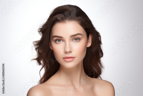 Radiant beauty scene. Photo of a captivating young brunette, flawless skin, confidently looking into the camera against a white backdrop. Generated AI