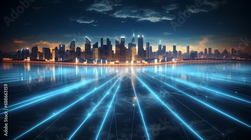 global media link overlaying a bustling urban cityscape, symbolizing the advanced 5G network connectivity and highspeed internet that powers modern business and communication.