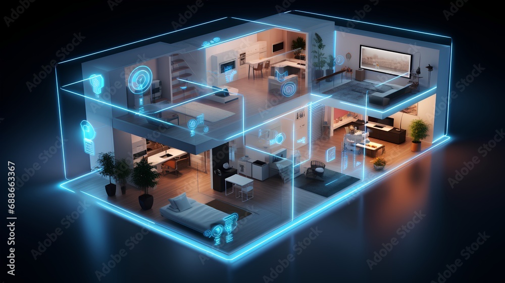 A futuristic AI smart home interior featuring augmented reality interfaces, with IoT devices seamlessly integrated for automated control and connectivity. - obrazy, fototapety, plakaty 