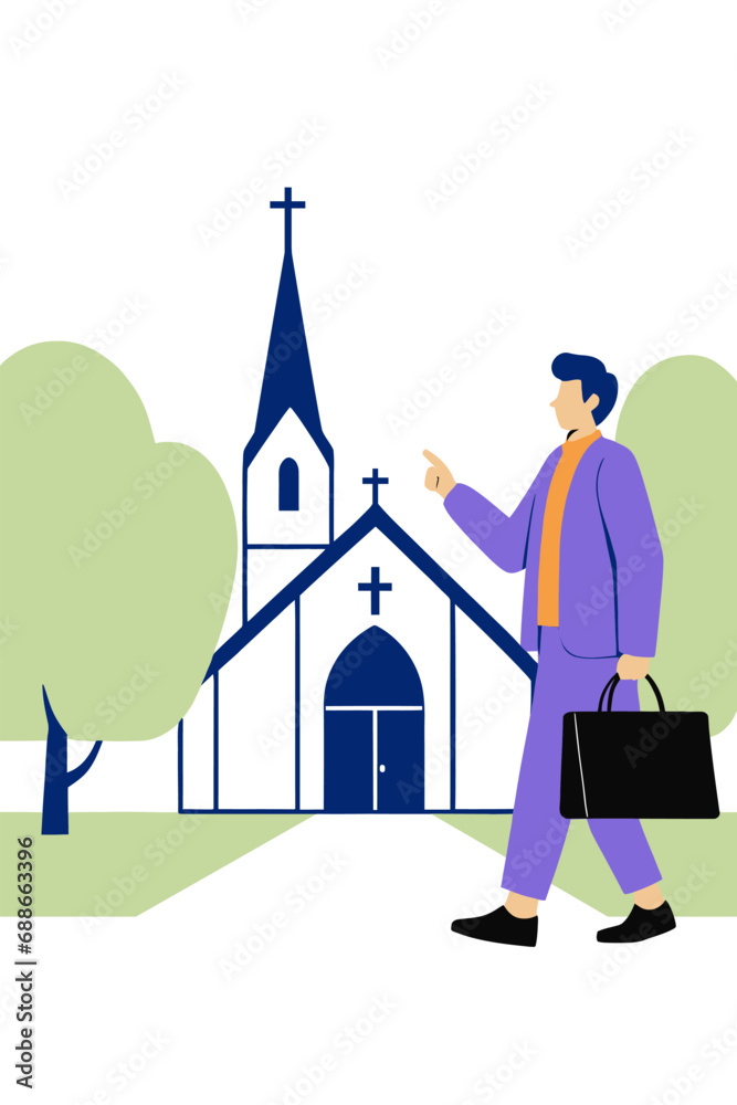 A man walking in front of a church, flat vector illustration. A man walking in front of a church, flat vector illustration.