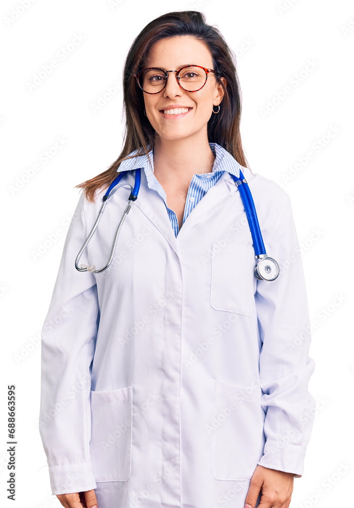 Young beautiful woman wearing doctor stethoscope and glasses with a happy and cool smile on face. lucky person. Young beautiful woman wearing doctor stethoscope and glasses with a happy and cool smile on face. lucky person.