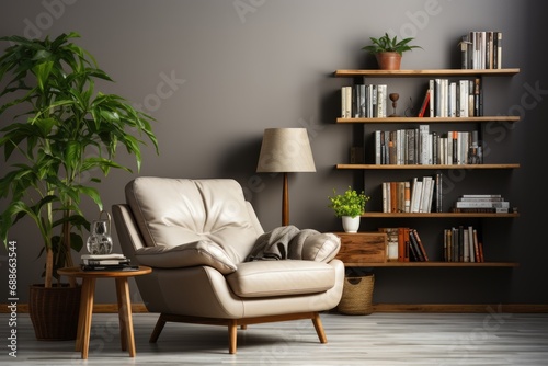 Cozy place to relax. Comfortable armchair, bookcase, coffee table, lamp and house plants © Elen Nika