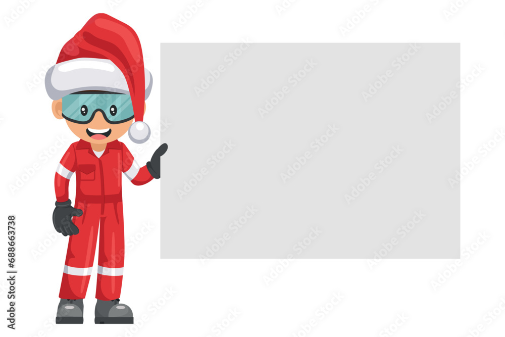 Industrial mechanic worker with Santa Claus hat holding a sign with space for text for advertising, presentations, brochures. Merry christmas. Industrial safety and occupational health at work Industrial mechanic worker with Santa Claus hat holding a sign with space for text for advertising, presentations, brochures. Merry christmas. Industrial safety and occupational health at work