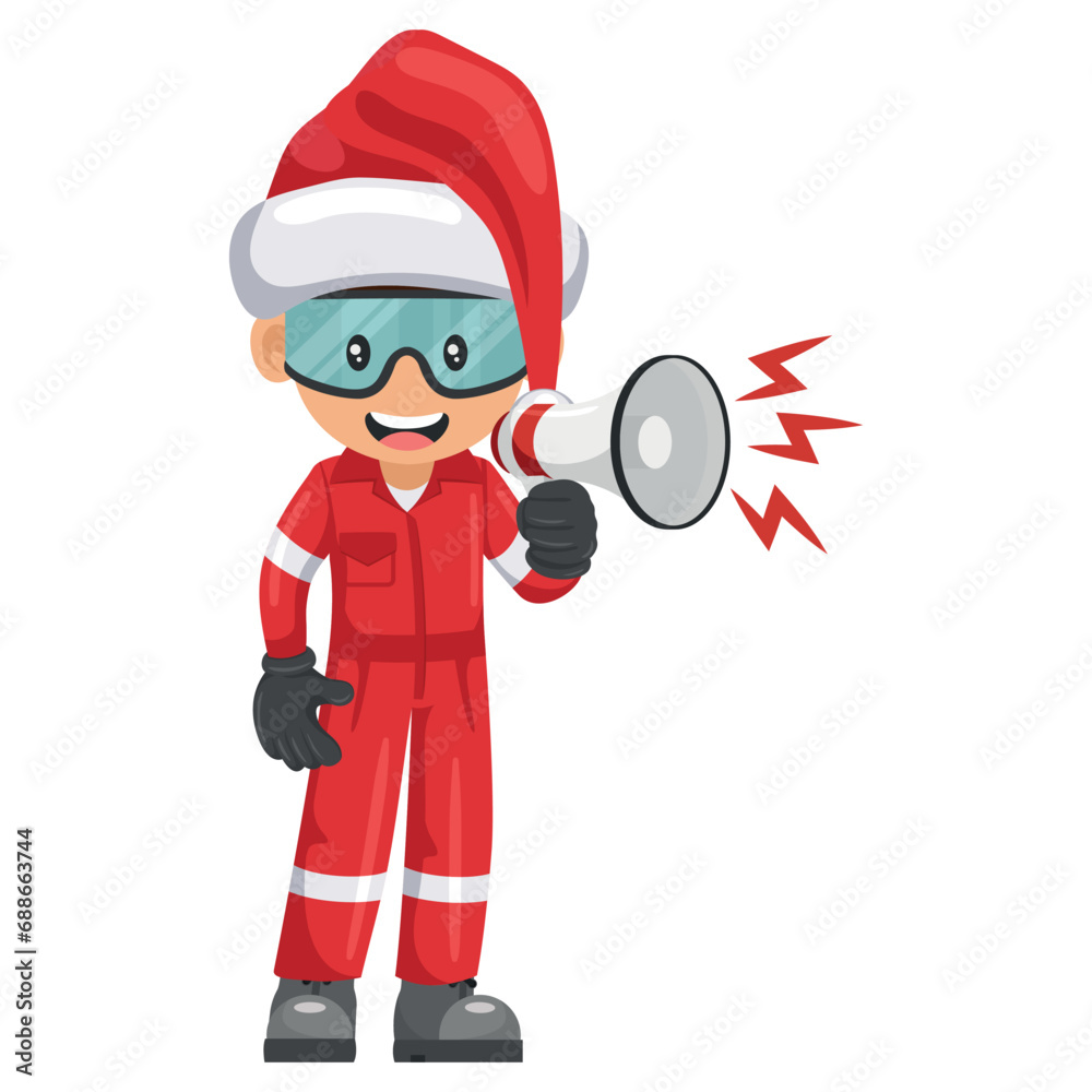 Mechanic worker with Santa Claus hat making an announcement with a megaphone. Merry christmas. Engineer with his personal protective equipment. Industrial safety and occupational health at work Mechanic worker with Santa Claus hat making an announcement with a megaphone. Merry christmas. Engineer with his personal protective equipment. Industrial safety and occupational health at work