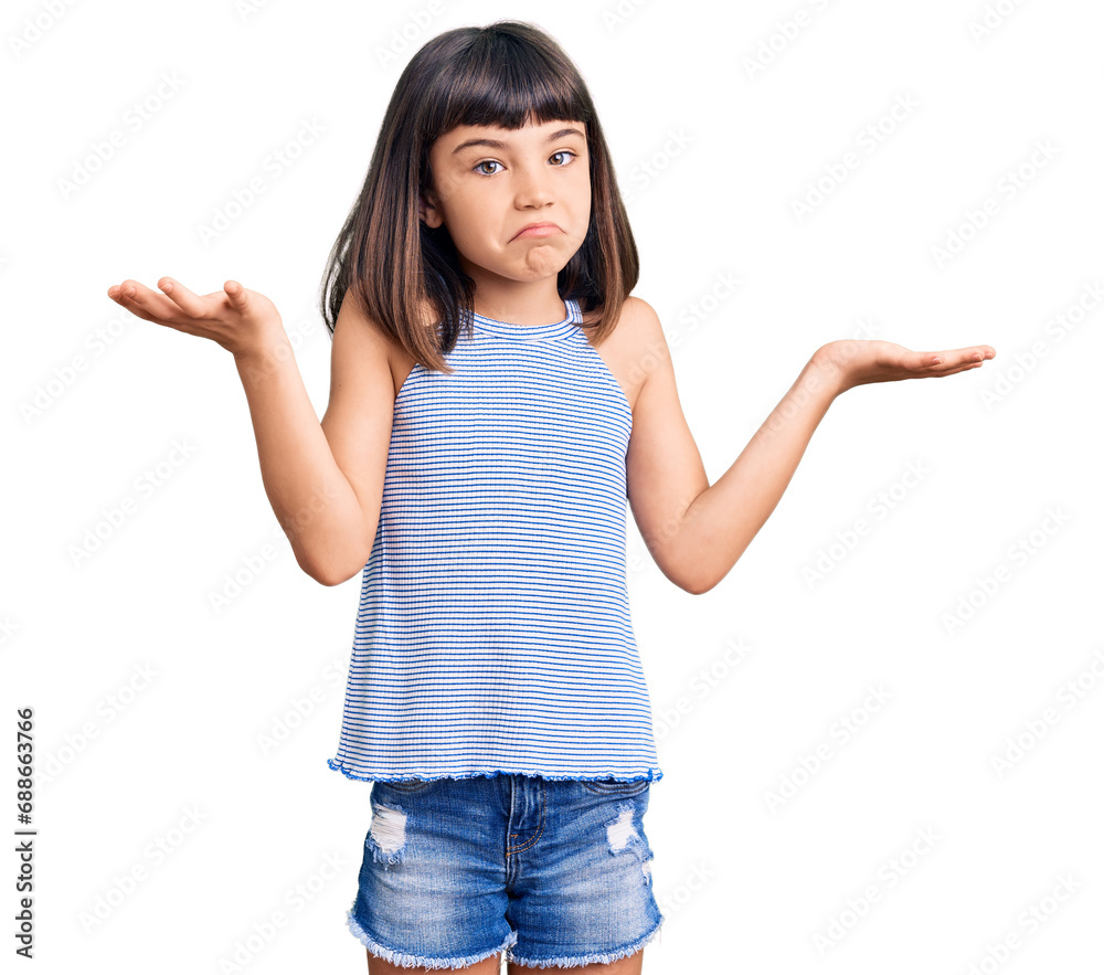 Young little girl with bang wearing casual clothes clueless and confused expression with arms and hands raised. doubt concept. Young little girl with bang wearing casual clothes clueless and confused expression with arms and hands raised. doubt concept.