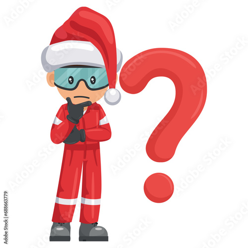 Industrial mechanic worker with Santa Claus hat pensive and expressing doubt with giant question sign for FAQ concept. Merry christmas. Industrial safety and occupational health at work