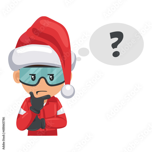 Engineer mechanic with Santa Claus hat thinking and expressing doubt in a new industrial project. Question sign for FAQ concept. Merry christmas. Industrial safety and occupational health at work