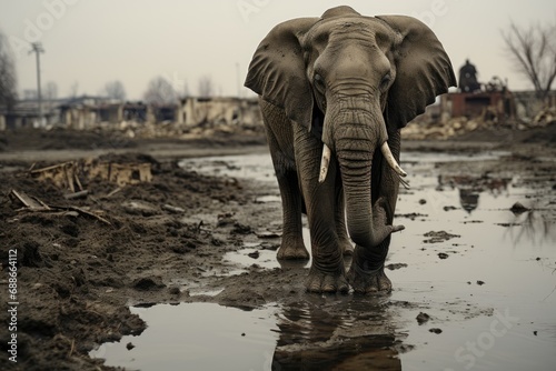 Aftermath of an ecological disaster unfolds as a lone elephant stands amidst the mud and debris of a devastated human settlement.