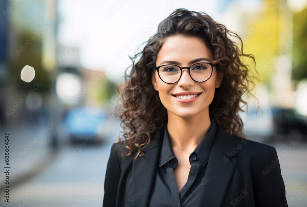 smiling businesswoman in glasses standing in city, multicultural fusion smiling businesswoman in glasses standing in city, multicultural fusion