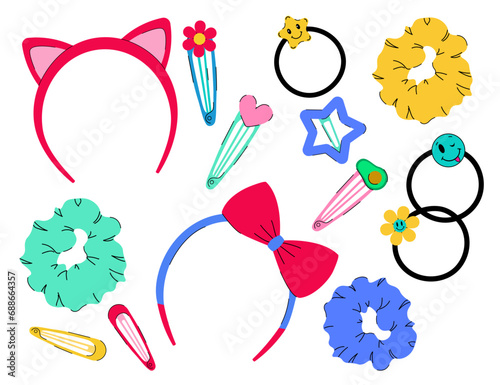 Hair accessories for girls vector illustration hand drawn. Female hair hoops, scrunchies, headbands, hair tie and elastic bands.